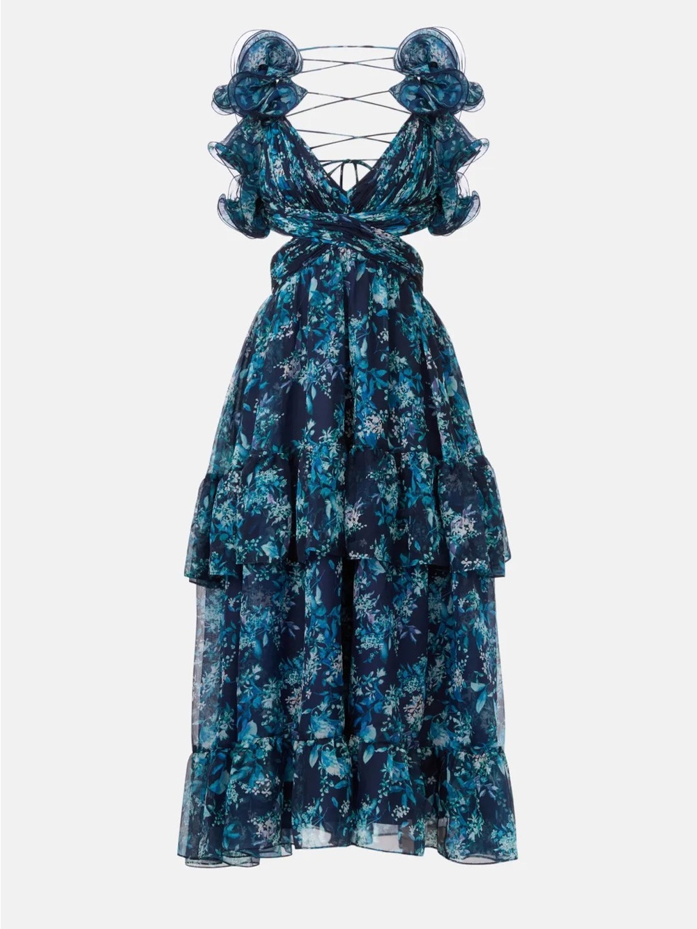 IEENA for Mac Duggal Ruffle Tiered Cut Out Floral Dress Navy Blue Size 8